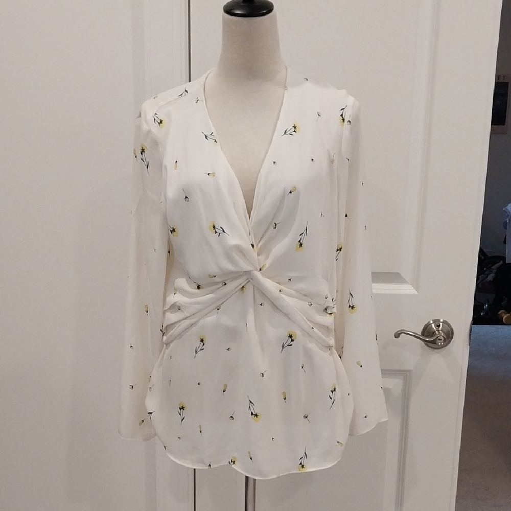 Ann Taylor Cream Twist-Front Floral Blouse